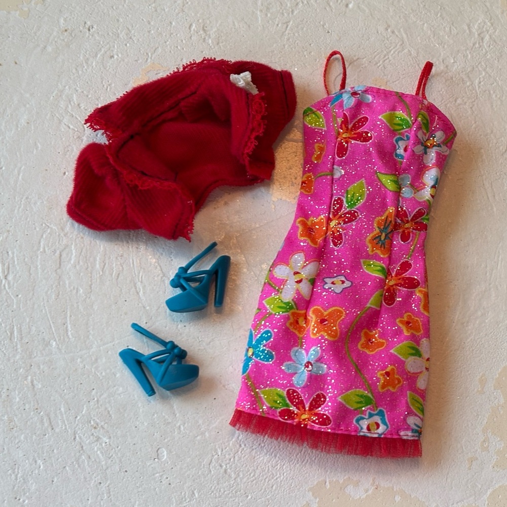 Vintage Barbie doll Fashion Fever crop jacket cardigan & glitter floral dress